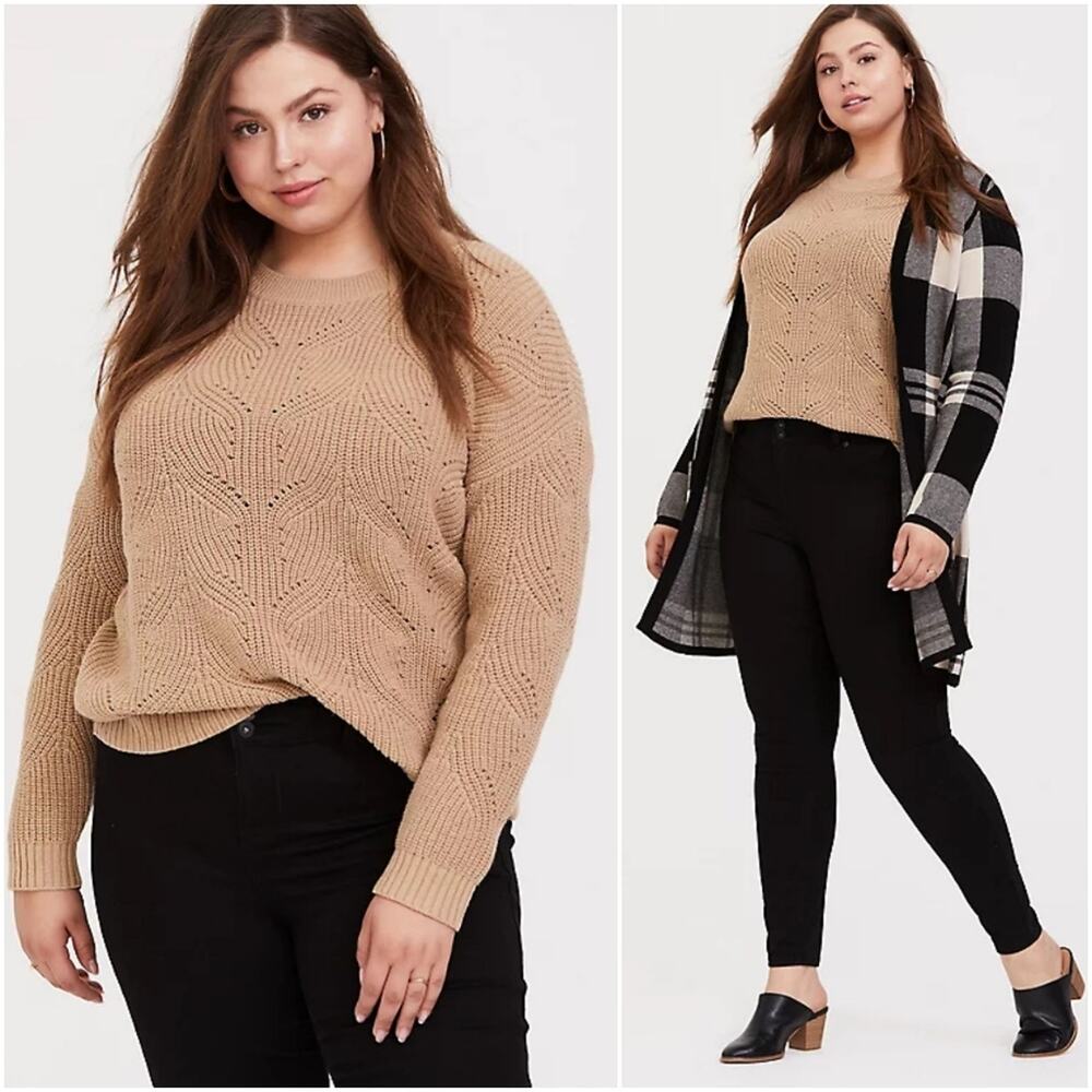TORRID Tan Pointelle Open Knit Pullover Sweater Neutral Plus Size 1X